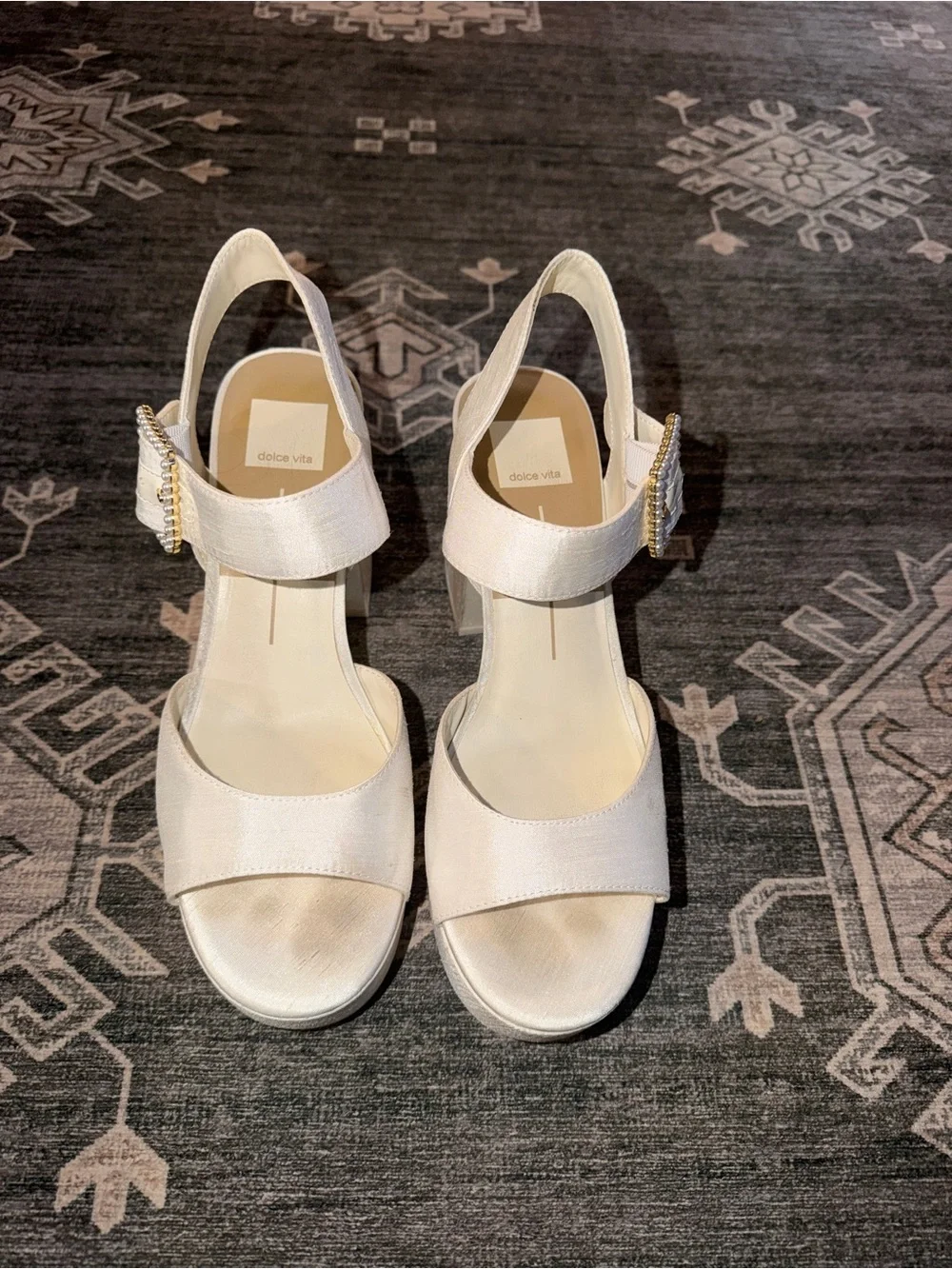 Bridal Dolce Vita White Platform Sandals with Pearl Buckle